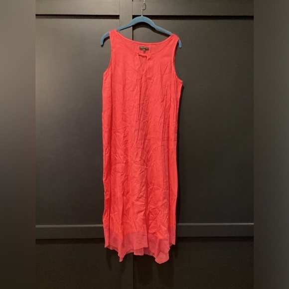 For Cynthia Linen Blend Asymmetrical Mesh Hem Sleeveless Dress in Coral - Medium - Picture 1 of 9